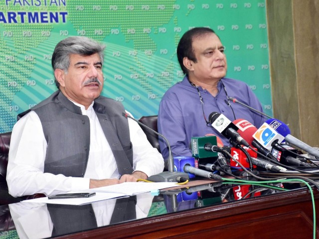 senator shibli faraz federal minister for information and broadcasting and ahmed yar hiraj chairman pm inspection commission addressing a press conference in islamabad photo pid
