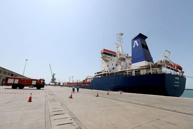 an oil tanker docks at the port of hodeidah yemen october 17 2019 photo reuters