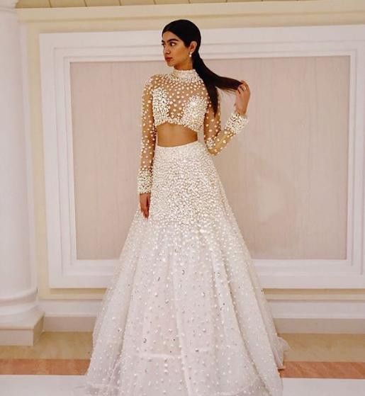 Buy Off White Sequins Net Readymade Lehenga - Koskii