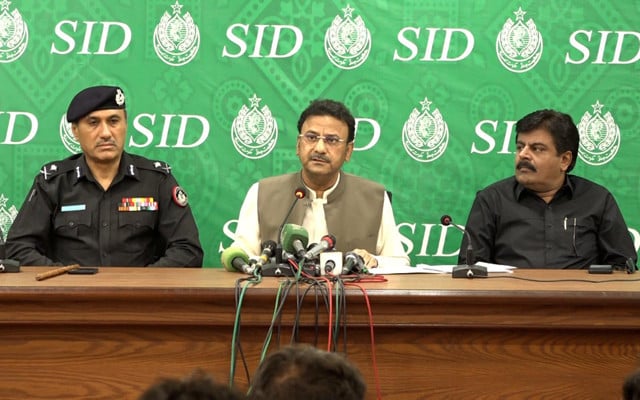 sindh home minister ziaul hassan lanjar addressing a press conference alongside education minister sardar shah and sindh inspector general ig ghulam nabi memon at the directorate of social media on thursday photo express