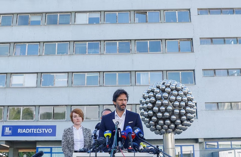 Slovak Defense Minister Robert Kalinak speaks to members of the media outside F.D. Roosevelt University Hospital where Slovak Prime Minister Robert Fico was taken after a shooting incident in Handlova, in Banska Bystrica, Slovakia, May 16, 2024. PHOTO: REUTERS