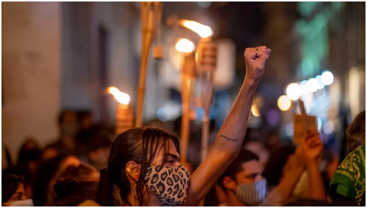 protesters led by the group the feminist collective demand puerto rico governor wanda vazquez declare a state of emergency in response to recent gender based femicides assaults and disappearance of women in san juan september 28 2020 photo afp