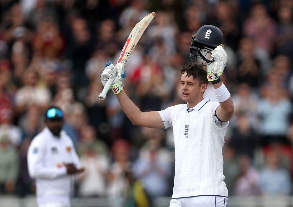 england s jamie smith celebrates reaching his century during third day of england vs sri lanka first test at old trafford manchester britain on august 23 2024 photo reuters