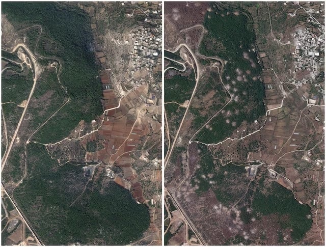 a combination picture of a satellite image l of woodland by the lebanese village of aita al shaab near the israeli border taken on october 23 2023 and the same area r showing marks following months of ongoing cross border hostilities between hezbollah and israeli forces in lebanon june 5 2024 photo reuters