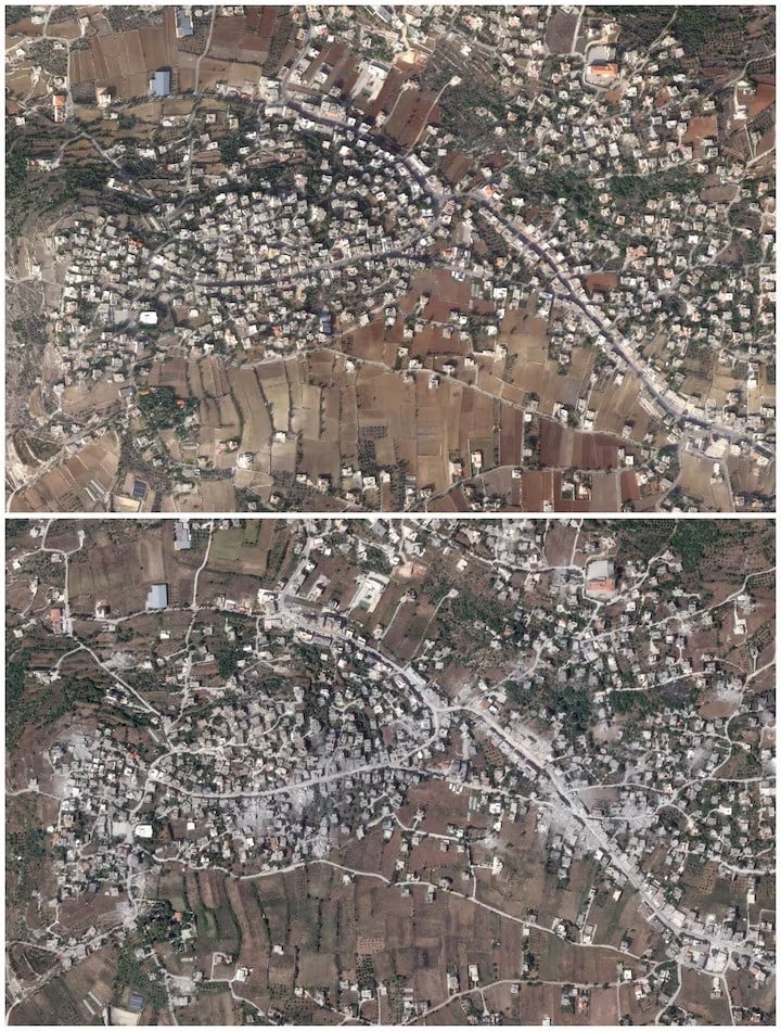 A combination picture of a satellite image (top) of the Lebanese village of Aita al-Shaab near the Israeli border, taken on October 23, 2023, and the same area (bottom) showing damage, following months of ongoing cross-border hostilities between Hezbollah and Israeli forces, in Lebanon, June 5, 2024. PHOTO: REUTERS