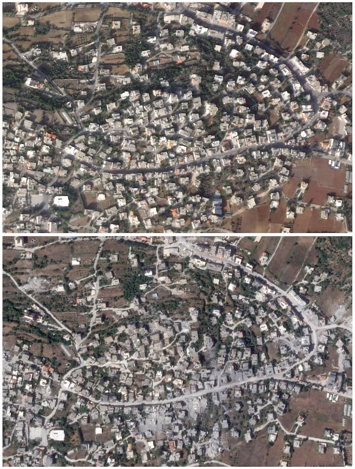 A combination picture of a satellite image (top) of the Lebanese village of Aita al-Shaab near the Israeli border, taken on October 23, 2023, and the same area (bottom) showing damage following months of ongoing cross-border hostilities between Hezbollah and Israeli forces, in Lebanon June 5, 2024. PHOTO: REUTERS