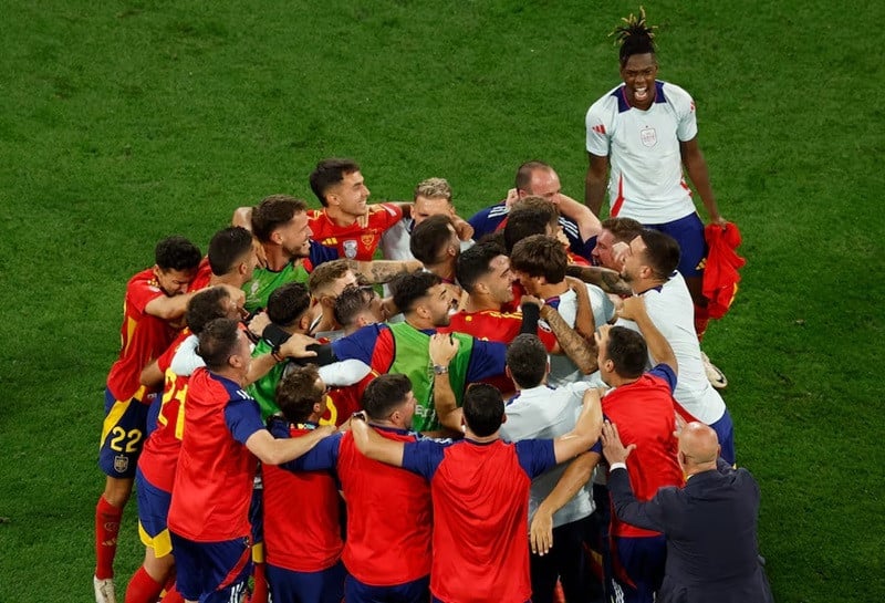 Spain players celebrate after the match, Munich Football Arena, Munich, Germany, July 9, 2024. PHOTO:  REUTERS