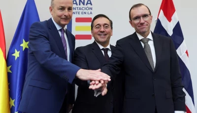 spanish norwegian and irish foreign ministers gesture after a press conference in brussels belgium may 27 2024 photo reuters