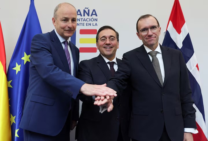 spanish norwegian and irish foreign ministers gesture after a press conference in brussels belgium may 27 2024 photo reuters