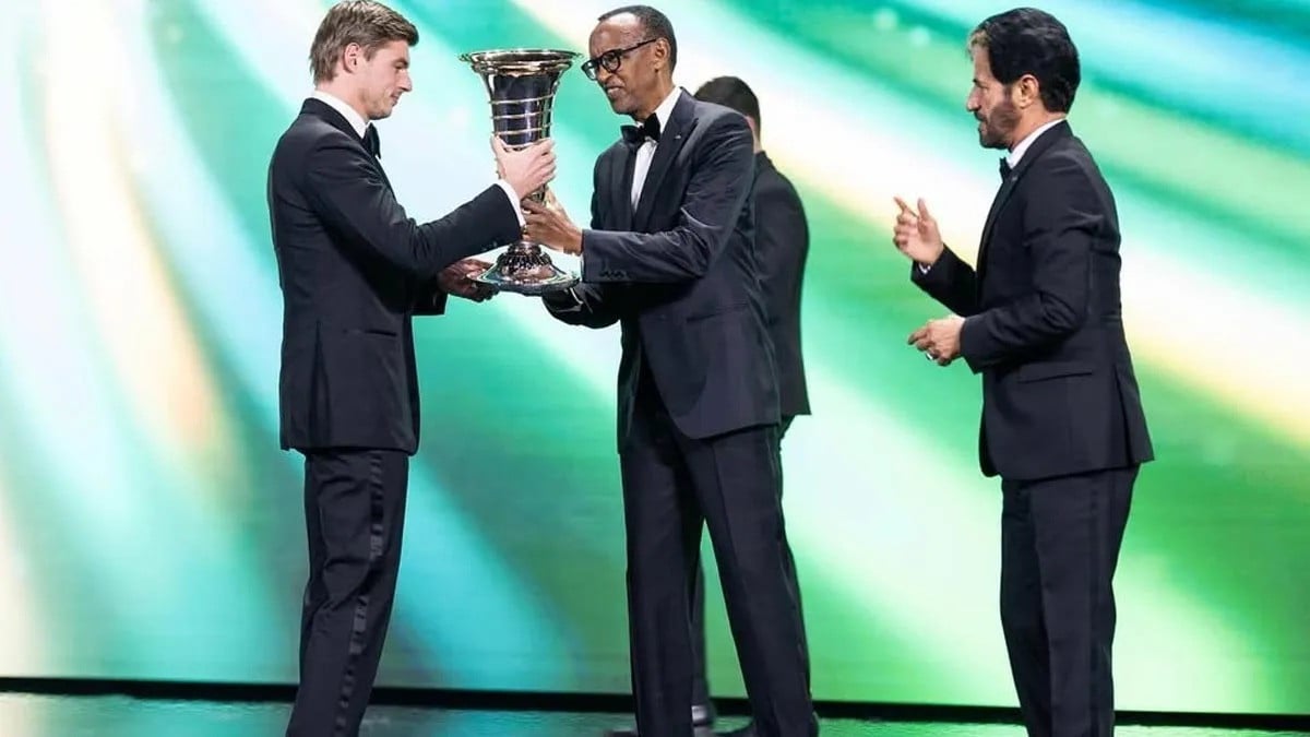 rwandan president paul kagame joined max verstappen on stage when the red bull driver collected the formula one champion s trophy for the fourth year in a row at an awards ceremony held in africa for the first time on december 14 2024