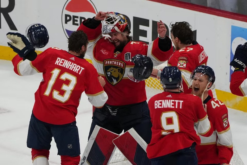 Florida Panthers celebrate winning against the Edmonton Oilers in game seven of the 2024 Stanley Cup Final at Amerant Bank Arena. PHOTO: REUTERS