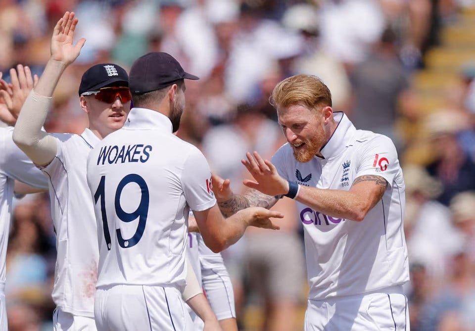 england s ben stokes celebrates with chris woakes after taking the wicket of west indies mikyle louis caught out by zak crawley at edgbaston cricket ground birmingham uk during third test play between england v west indies on july 28 2024 photo reuters