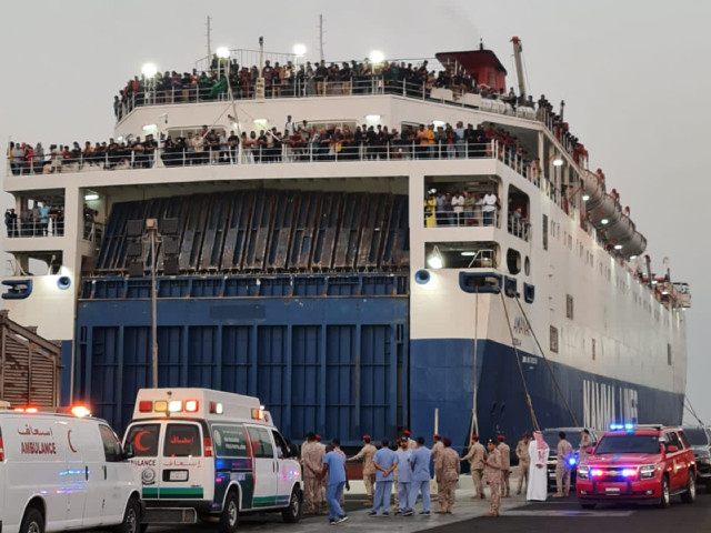 a ship carrying 37 pakistani nationals from port sudan docks in jeddah photo ministry of foreign affairs online