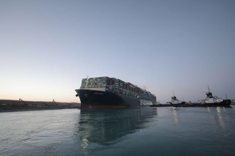 a view shows the container ship ever given one of the world s largest container ships after it was partially refloated in suez canal egypt march 29 2021 photo reuters