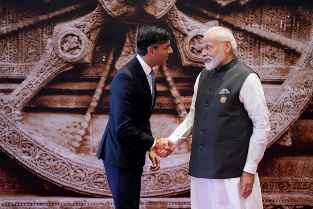 indian prime minister narendra modi shakes hand with british prime minister rishi sunak at bharat mandapam convention center for the g20 summit in new delhi india sept 9 2023 photo reuters indian prime minister narendra modi shakes hand with british prime minister rishi sunak at bharat mandapam convention center for the g20 summit in new delhi india sept 9 2023 photo reuters