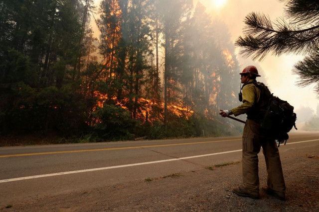 firefighter david molter monitors the progress of flames that were burning along a roadway at the dixie fire a wildfire near the town of greenville california u s august 5 2021 photo reuter firefighter david molter monitors the progress of flames that were burning along a roadway at the dixie fire a wildfire near the town of greenville california u s august 5 2021 photo reuter