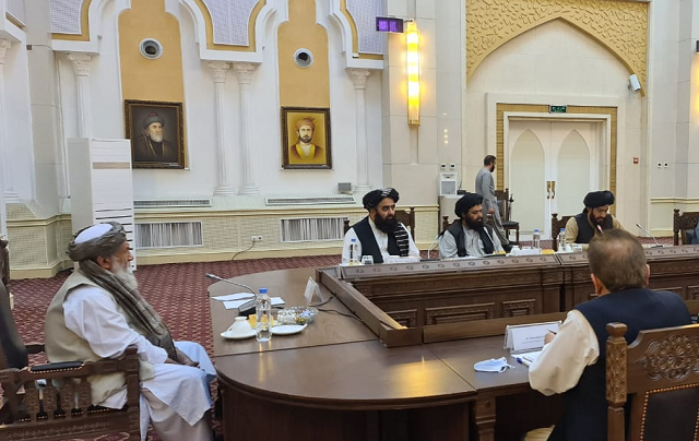 the acting prime minister of afghanistan mullah muhammad hassan akhund met with representatives of pakistan china and russia in kabul photo twitter osamabinjavaid