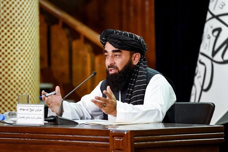 taliban spokesman zabihullah mujahid at a news conference in kabul afghanistan on saturday photo afp