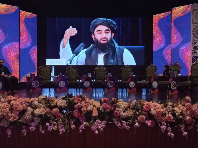 afghan taliban spokesperson zabihullah mujahid speaking at pak afghan youth forum s international conference photo express file