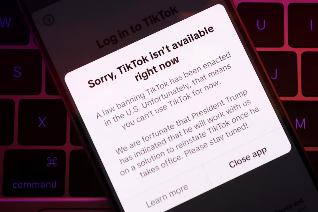 The 'sorry' message displayed on the app for American users trying to access TikTok after the ban. Reuters.