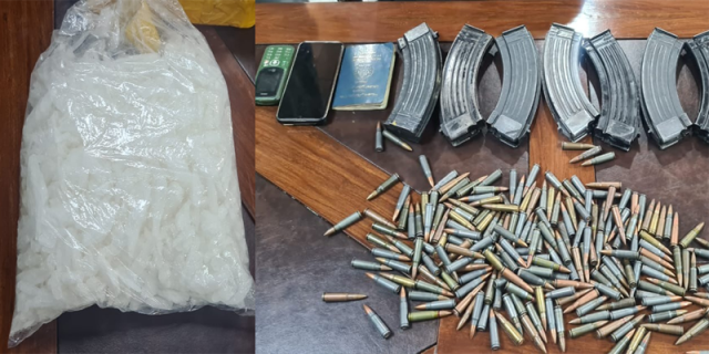 confiscated items include 1 500 grams of crystal methamphetamine and a cache of 230 cartridges arranged in eight magazines photo express confiscated items include 1 500 grams of crystal methamphetamine and a cache of 230 cartridges arranged in eight magazines photo express