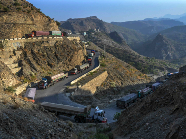 in this picture taken on september 11 2023 trucks are seen parked along a road near the pakistan afghanistan border in torkham after the torkham border closed on september 6 2023 following clashes between border forces of both countries photo afp in this picture taken on september 11 2023 trucks are seen parked along a road near the pakistan afghanistan border in torkham after the torkham border closed on september 6 2023 following clashes between border forces of both countries photo afp