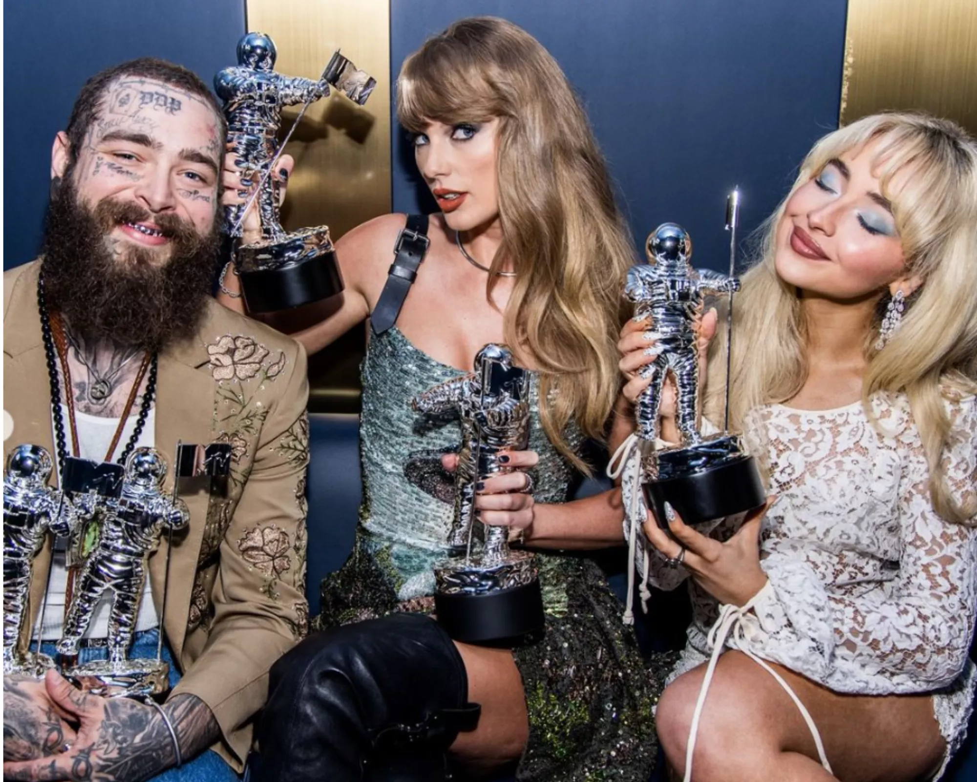taylor swift sabrina carpenter and post malone celebrate wins at 2024 vmas