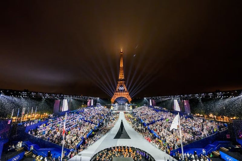 Overview of the Trocadero venue, with the Eiffel Tower looming in the background while the Olympic flag is being raised, during the opening ceremony of the Paris 2024 Olympic Games. PHOTO: REUTERS