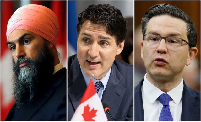 canada s new democratic party leader jagmeet singh in ottawa ontario canada march 22 2022 prime minister justin trudeau in lucerne switzerland june 16 2024 and conservative party of canada leader pierre poilievre in ottawa ontario canada april 19 2023 in a combination of file photographs photo reuters canada s new democratic party leader jagmeet singh in ottawa ontario canada march 22 2022 prime minister justin trudeau in lucerne switzerland june 16 2024 and conservative party of canada leader pierre poilievre in ottawa ontario canada april 19 2023 in a combination of file photographs photo reuters