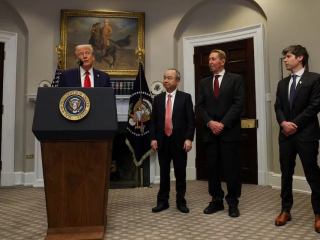 us president donald trump delivers remarks on ai infrastructure next to oracle co founder larry ellison softbank ceo masayoshi son and openai ceo sam altman at the roosevelt room at white house in washington on january 21 2025 photo reuters