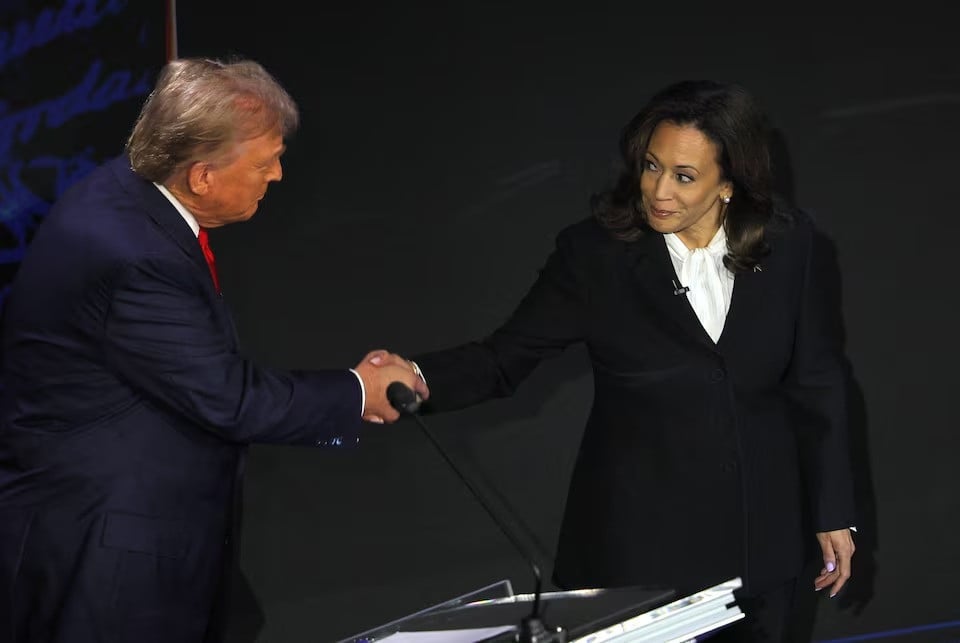 republican presidential nominee former us president donald trump and democratic presidential nominee us vice president kamala harris shake hands as they attend a presidential debate hosted by abc in philadelphia pennsylvania us on september 10 2024 photo reuters