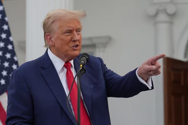 republican presidential nominee and former us president donald trump points as he speaks during a press conference at trump national golf club in bedminster new jersey us on august 15 2024 photo reuters