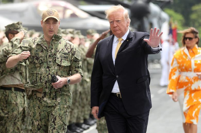 us president donald trump gestures aboard the uss wasp lhd 1 in yokosuka south of tokyo japan may 28 2019 photo reuters