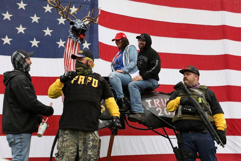 supporters of us president donald trump sit on the patriot elk formerly known as the nightmare nelk during stop the steal protest after the 2020 us presidential election was called for democratic candidate joe biden in salem oregon us november 14 2020 photo reuters file