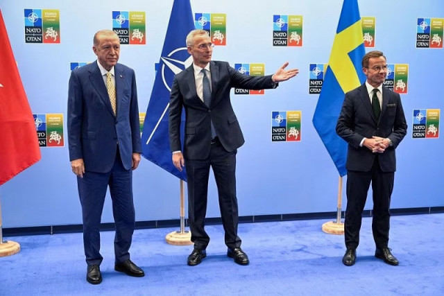 turkish president tayyip erdogan swedish prime minister ulf kristersson and nato secretary general jens stoltenberg on the eve of a nato summit in vilnius lithuania july 10 2023 photo reuters turkish president tayyip erdogan swedish prime minister ulf kristersson and nato secretary general jens stoltenberg on the eve of a nato summit in vilnius lithuania july 10 2023 photo reuters