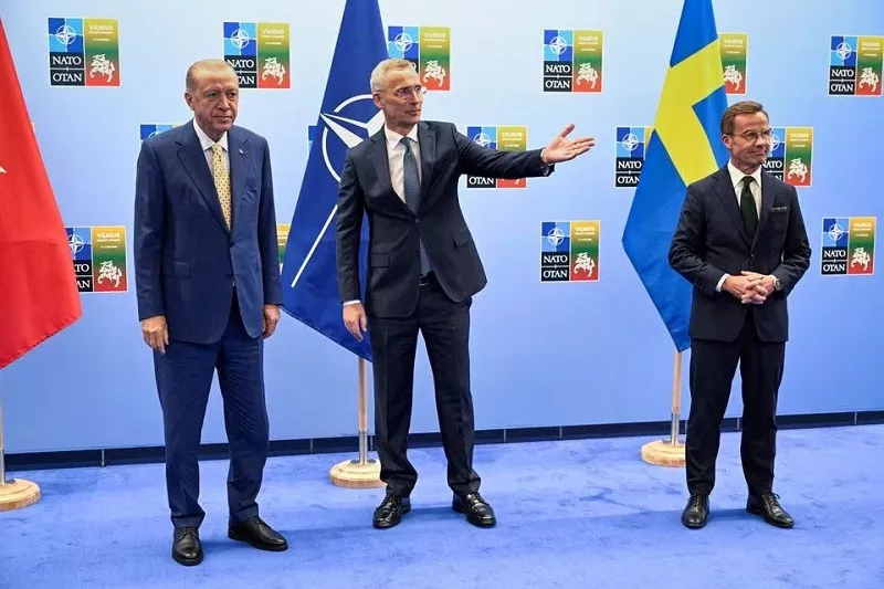 turkish president tayyip erdogan swedish prime minister ulf kristersson and nato secretary general jens stoltenberg on the eve of a nato summit in vilnius lithuania july 10 2023 photo reuters turkish president tayyip erdogan swedish prime minister ulf kristersson and nato secretary general jens stoltenberg on the eve of a nato summit in vilnius lithuania july 10 2023 photo reuters