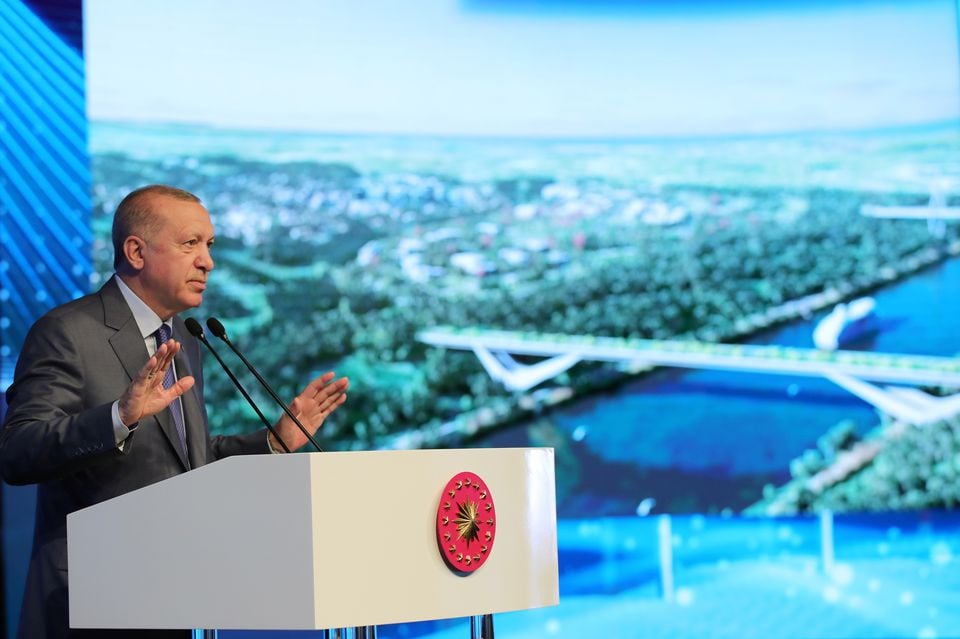 turkish president tayyip erdogan speaks during the groundbreaking ceremony of sazlidere bridge over the planned route of kanal istanbul in istanbul turkey june 26 2021 photo reuters