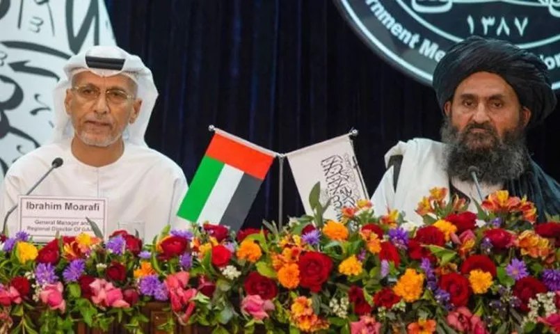 united arab emirates uae general manager and regional director of gaac ibrahim moarafi l and taliban s acting first deputy prime minister abdul ghani baradar gesture during a press conference in kabul on september 8 2022 photo afp united arab emirates uae general manager and regional director of gaac ibrahim moarafi l and taliban s acting first deputy prime minister abdul ghani baradar gesture during a press conference in kabul on september 8 2022 photo afp