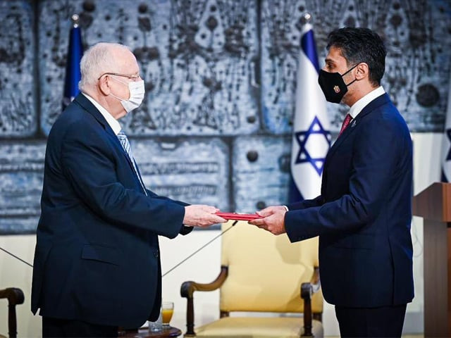 uae envoy mohamed al khaja presents his credentials to israeli president reuven rivlin photo courtesy twitter ambalkhaja uae envoy mohamed al khaja presents his credentials to israeli president reuven rivlin photo courtesy twitter ambalkhaja