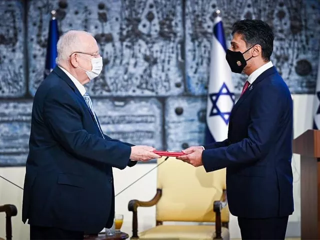 uae envoy mohamed al khaja presents his credentials to israeli president reuven rivlin photo courtesy twitter ambalkhaja uae envoy mohamed al khaja presents his credentials to israeli president reuven rivlin photo courtesy twitter ambalkhaja