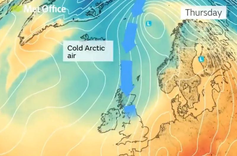 cold air from the arctic is forecast to sweep into the uk on wednesday and thursday photo uk met office