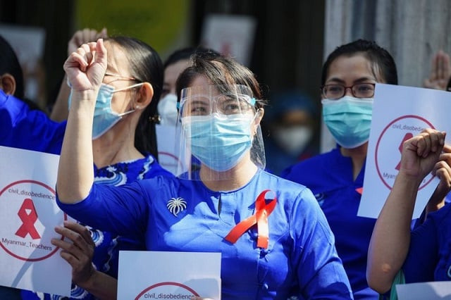 teachers from yangon university of education take part in demonstration against the military coup in yangon myanmar february 5 2021 photo reuters