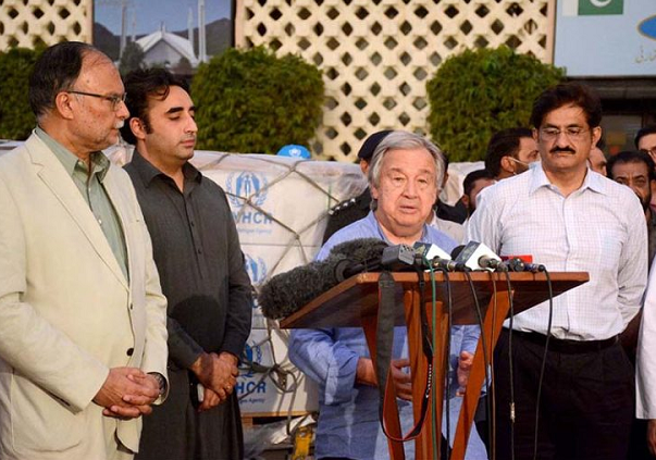 united nation secretary general antonio guterres talking to media at karachi airport before departure from pakistan saturday september 10 photo app