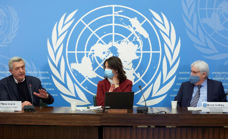 filippo grandi un high commissioner for refugees alessandra vellucci director of the united nations information service unis and martin griffiths un under secretary general for humanitarian affairs and emergency relief coordinator attend the launch of 2022 humanitarian response plans for afghanistan and the region in geneva switzerland january 10 2022 photo reuters