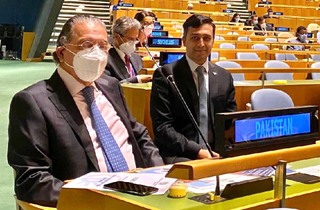 ambassador munir akram addresses the meeting of the general assembly s third committee on tuesday photo app file