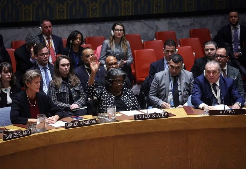 us ambassador to the un linda thomas greenfield casts a veto vote at un headquarters in new york us february 20 2024 photo reuters