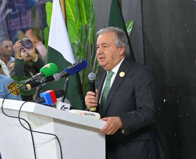 united nations secretary general ant nio guterres in a joint press talk at pakistan pavilion in international congress centre on the sidelines of cop 27 photo app