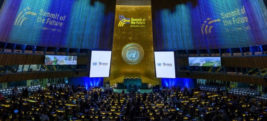 a view of the venue of the summit of the future in the general assembly hall at united nations headquarters in new york city us september 22 2024 photo un sustainability facebook page