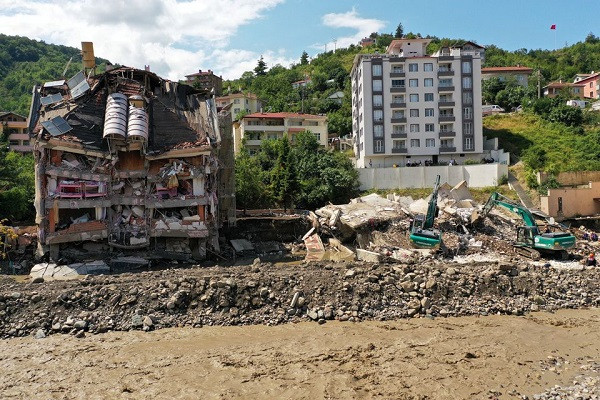 a view shows a partially collapsed building as the area was hit by flash floods that swept through towns in the turkish black sea region in the town of bozkurt in kastamonu province turkey august 14 2021 photo reuters