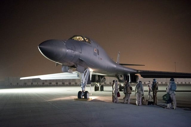 a u s air force b 1b lancer and crew being deployed to launch strike as part of the multinational response to syria s use of chemical weapons is seen in this image released from al udeid air base doha qatar on april 14 2018 u s air force handout via reuters a u s air force b 1b lancer and crew being deployed to launch strike as part of the multinational response to syria s use of chemical weapons is seen in this image released from al udeid air base doha qatar on april 14 2018 u s air force handout via reuters